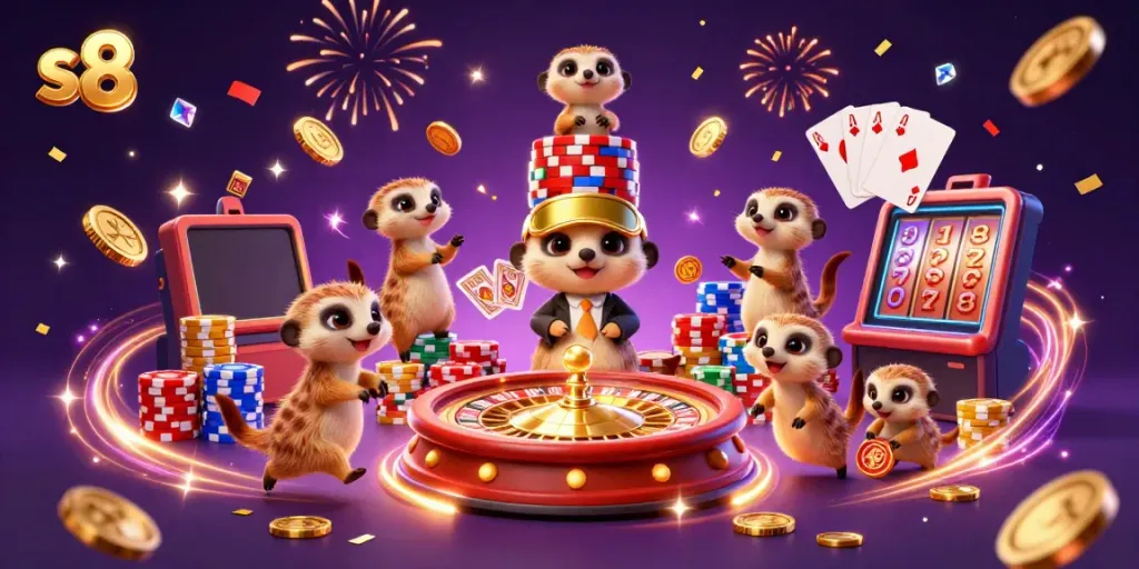 Experience the excitement of s8 casino with meerkats running games under dynamic lights and gold coins.