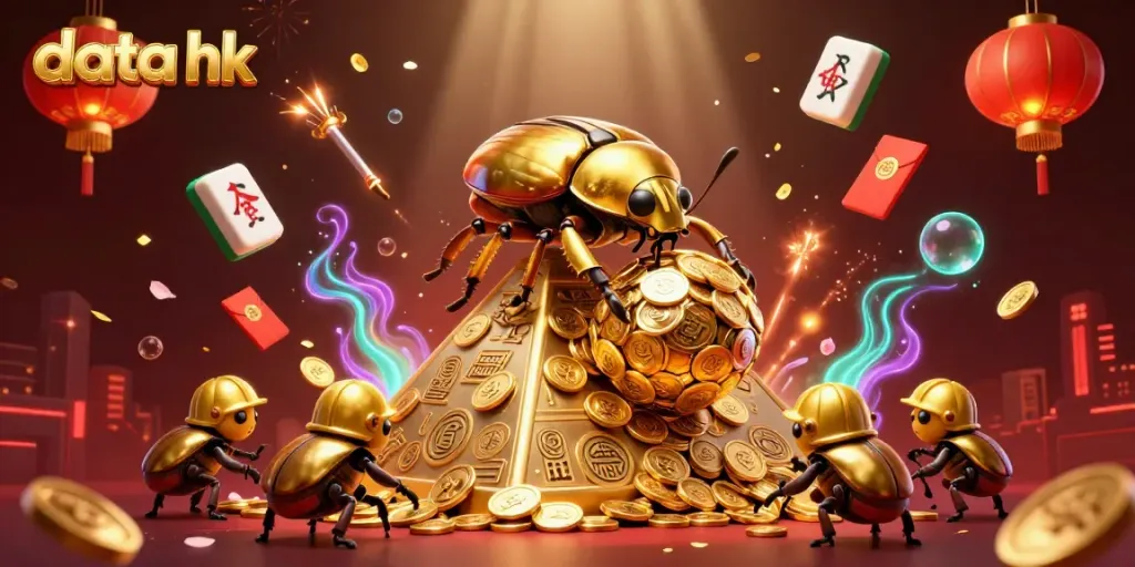 Menggulung koin emas dengan dung beetle emas besar di kasino, menampilkan data hk yang kaya informasi.