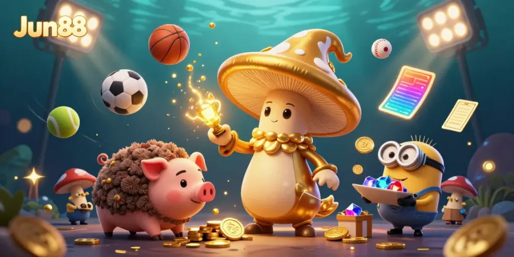 Unleash the gaming magic with Jun88's enchanting 3D illustration featuring a golden mushroom wizard and vibrant sports elements.