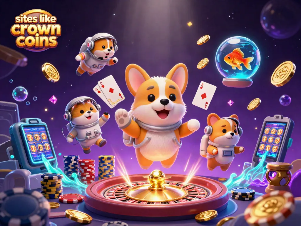Engage in thrilling games like Crown Coins with our colorful casino illustration featuring playful characters.