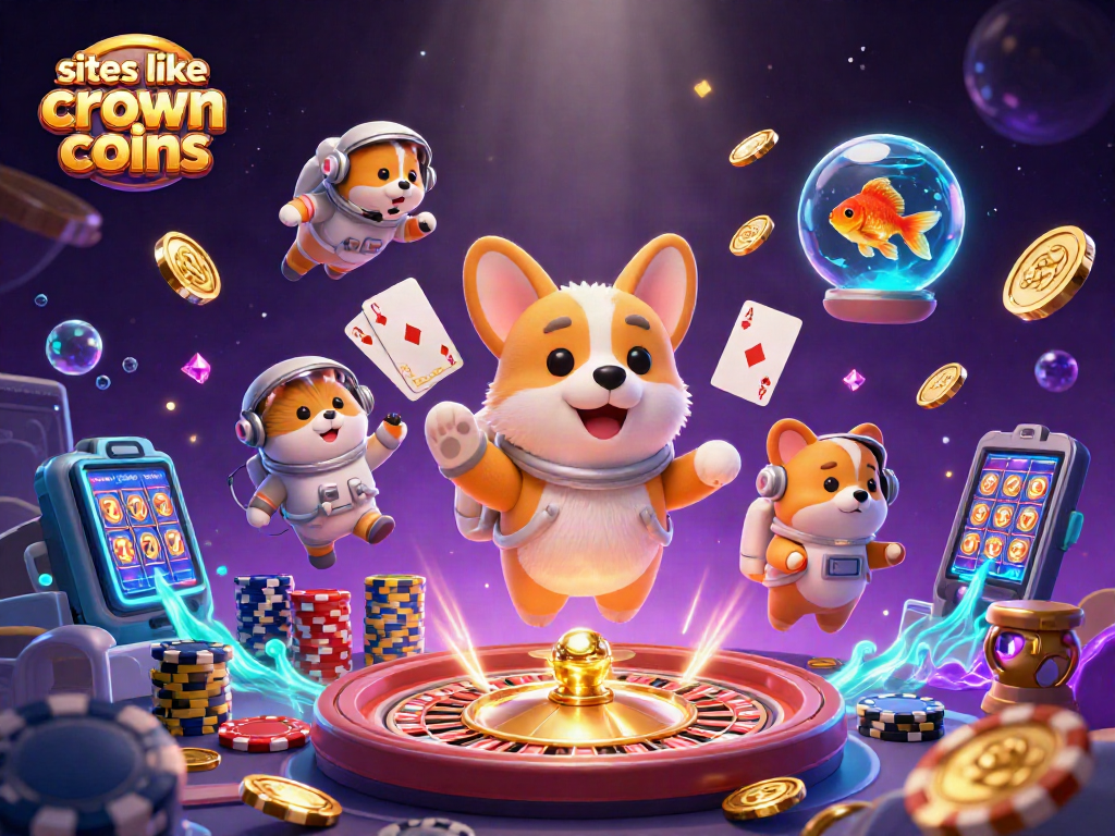 Engage in thrilling games like Crown Coins with our colorful casino illustration featuring playful characters.