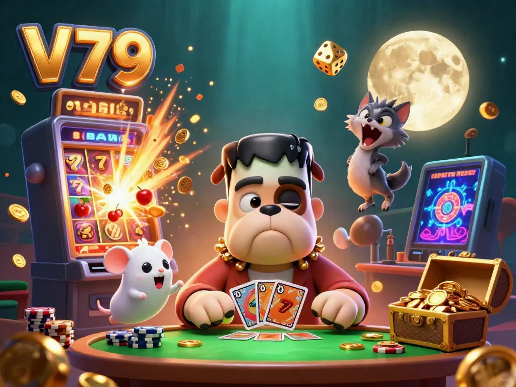 Experience thrilling gameplay at V79 featuring a stylish cartoon monster dealer amidst a vibrant casino scene.