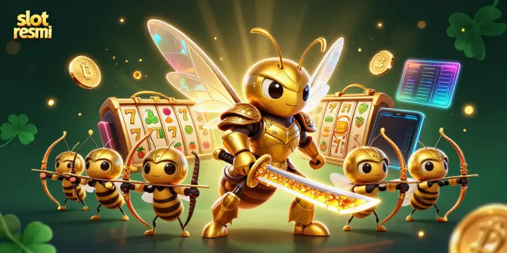 Engaging scene of casino action showcasing slot resmi with a giant hornet in samurai armor and crypto elements.