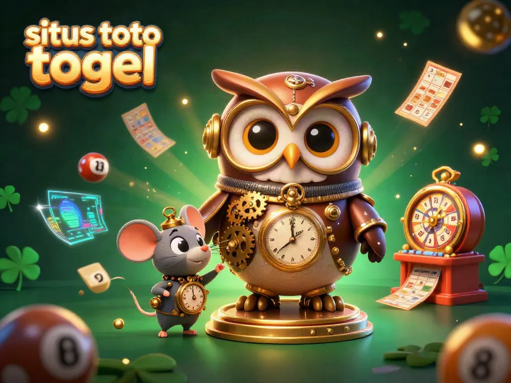 Engage in situs toto togel with a dynamic 3D illustration featuring a steampunk owl and lottery elements.