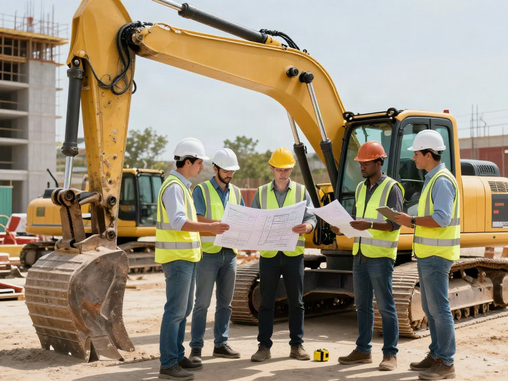 Heavy Machinery Loans financing options available at a bustling construction site with professionals actively collaborating.