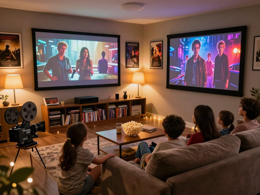 Cozy home theater scene displaying filmyzilla-inspired movie night atmosphere with family and popcorn.