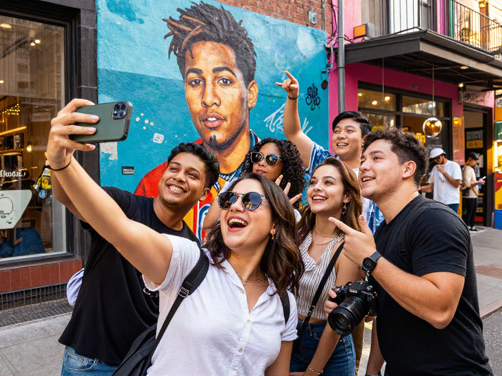 Friends enjoying a lively moment while discovering their celebrity look alike in a vibrant urban setting.