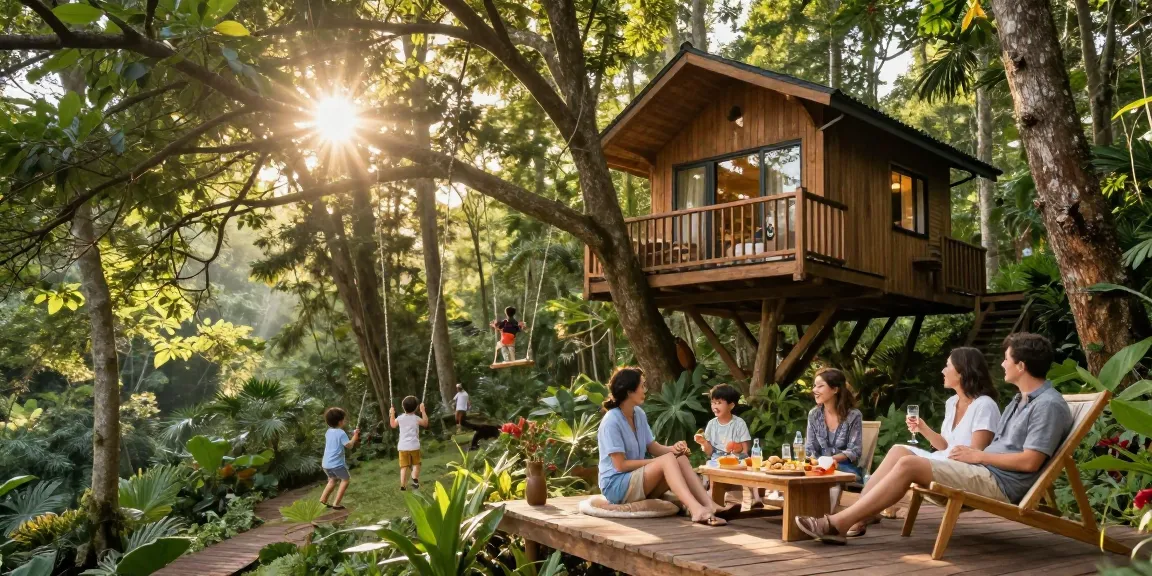 Experience tree house life with a luxury treehouse surrounded by lush trees, friends enjoying nature.