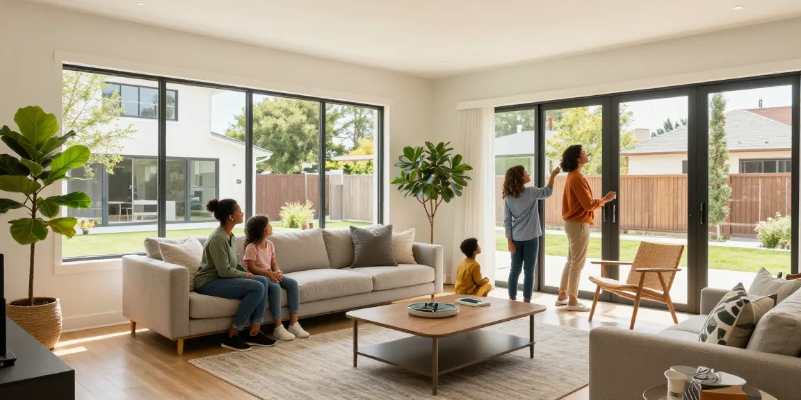 Family exploring a beautiful property with bright interior lighting and modern furnishings.
