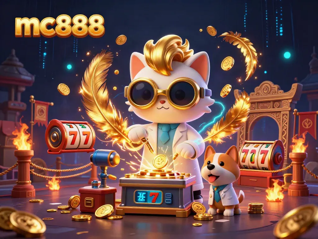 Pengalaman seru bermain di mc888 dengan mesin slot dan karakter kucing ilmuwan 3D.