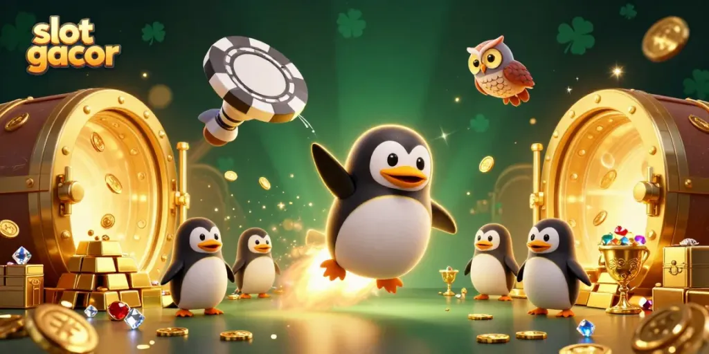 Experience the thrilling adventure of the slot gacor universe with golden coins and a delightful penguin in a vibrant casino scene.