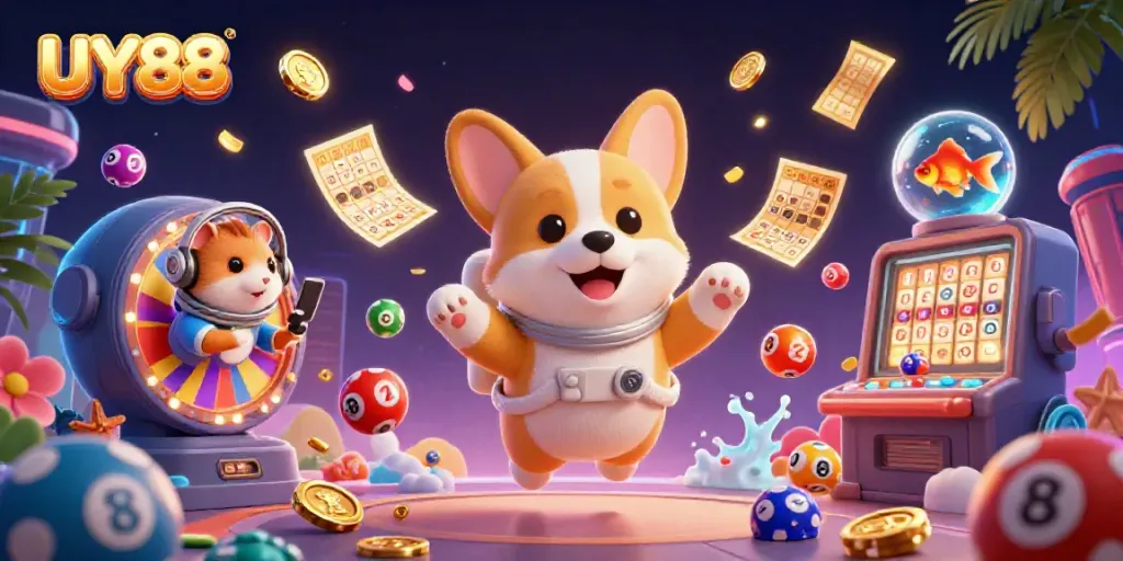 Experience UY88's vibrant casino scene with a floating corgi in a space station, showcasing lottery and casino elements.