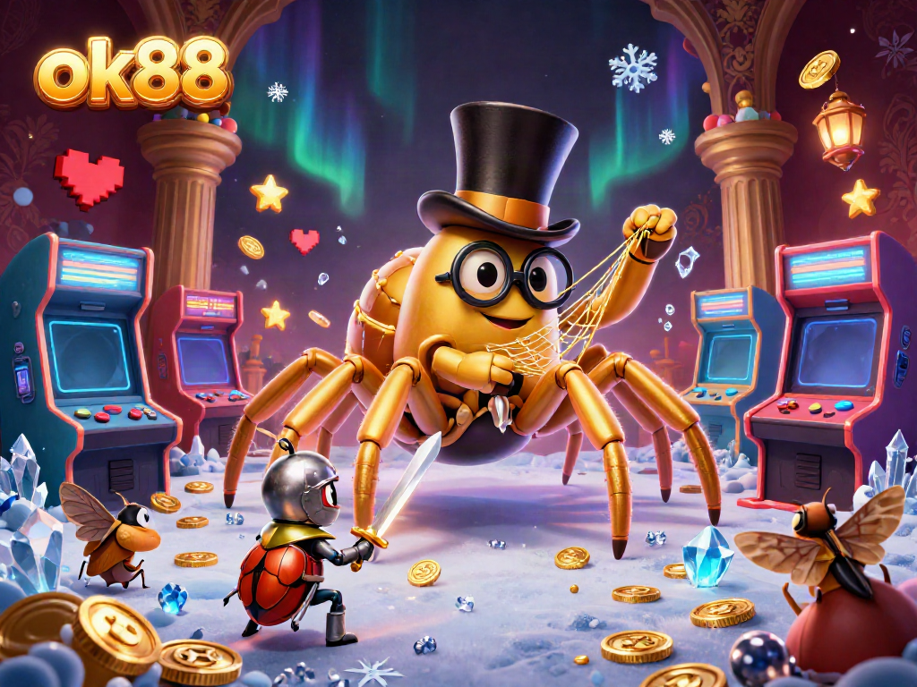 Experience the excitement of ok88 with a captivating 3D illustration of a golden tarantula and friends amidst casino-themed elements.