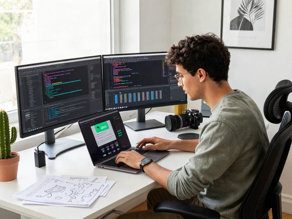 Professional workspace with developer coding a spotify mod application, bright modern setting.