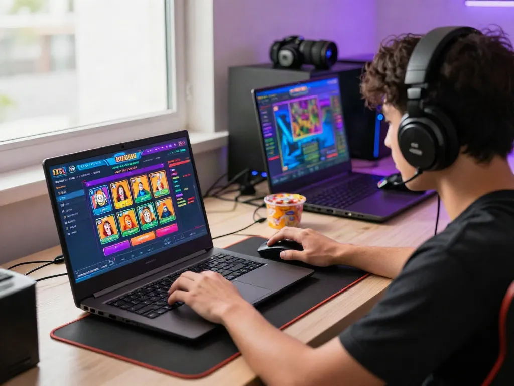 Player immersed in togel online gaming with vibrant interface and accessories.