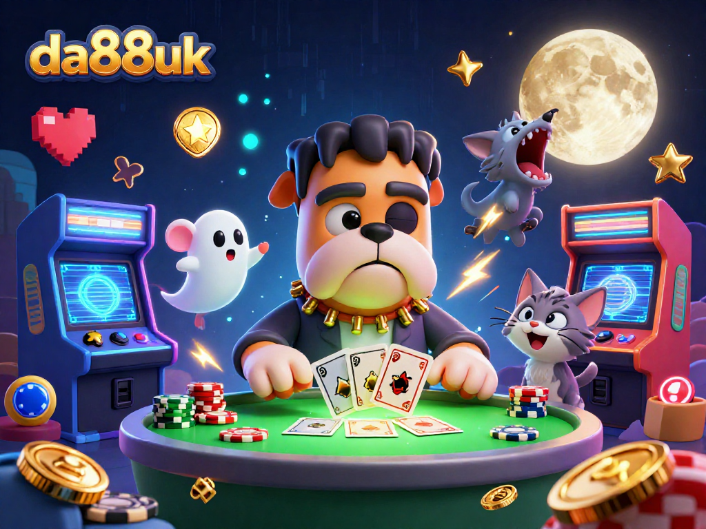 da88uk showcases a vibrant casino scene with monsters dealing cards at a spooky table, emphasizing fun.