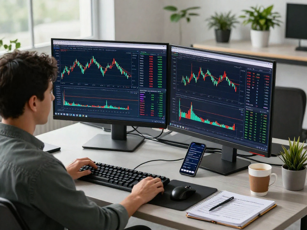 Trader using MetaTrader 5 on multiple screens for financial analysis.