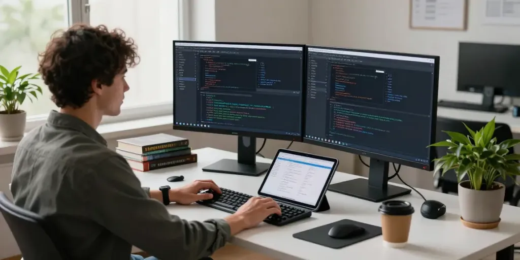 Developer utilizing instant indexing tools in a modern workspace, showcasing coding environment with multiple screens.