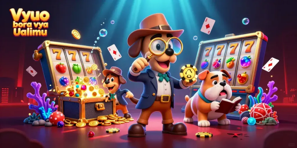 Engaging scene of Vyuo bora vya Ualimu with a 3D cartoon detective and playful characters amidst casino elements and treasure clues.