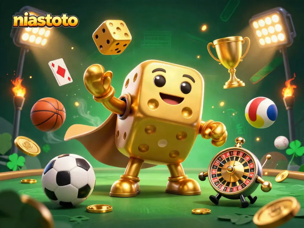 Experience niastoto's thrilling gaming environment with a dynamic illustration of a golden dice golem and sports elements.
