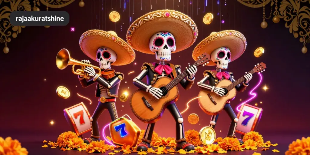 Play thrilling slots with the vibrant rajaakuratshine mariachi band amidst colorful casino elements.