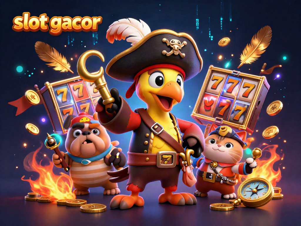 Engage with slot gacor through an adventurous scene featuring a pirate captain and dynamic elements.