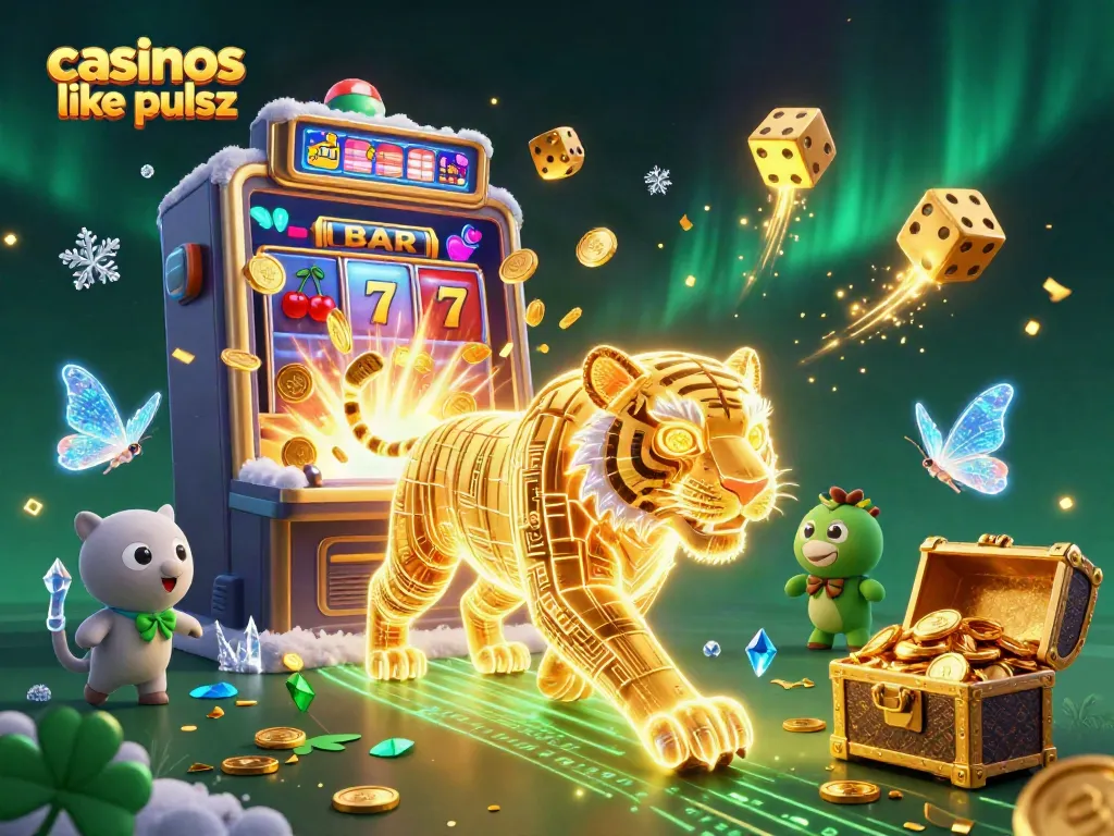 Engage with casinos like pulsz featuring a neon tiger and exciting slot machine action in a vibrant casino landscape.