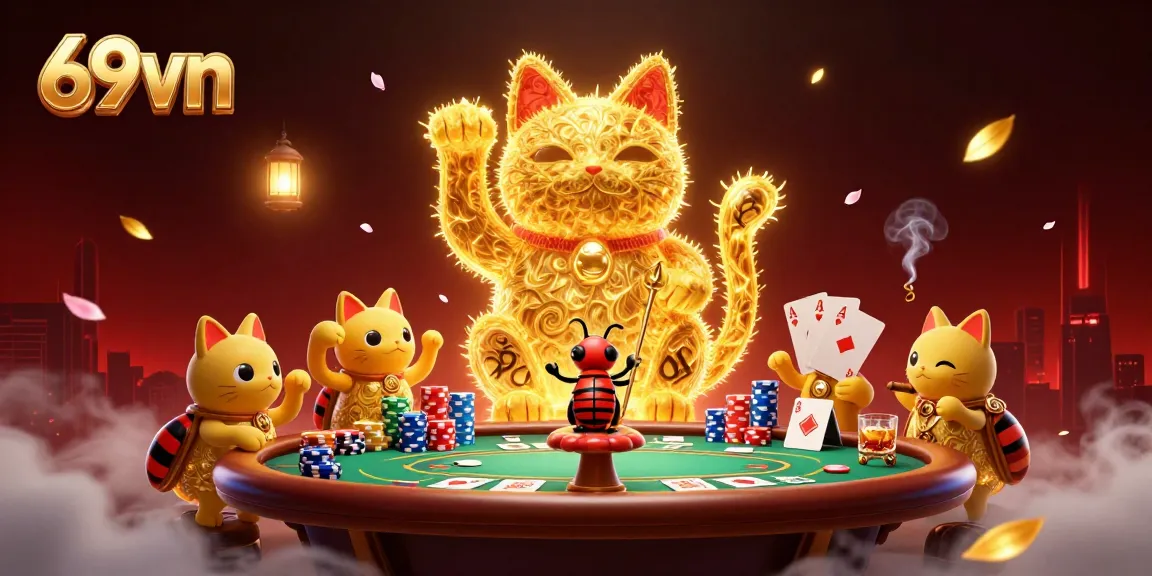 Engage with 69vn's vibrant casino atmosphere, featuring a lucky cat surrounded by dynamic poker elements.