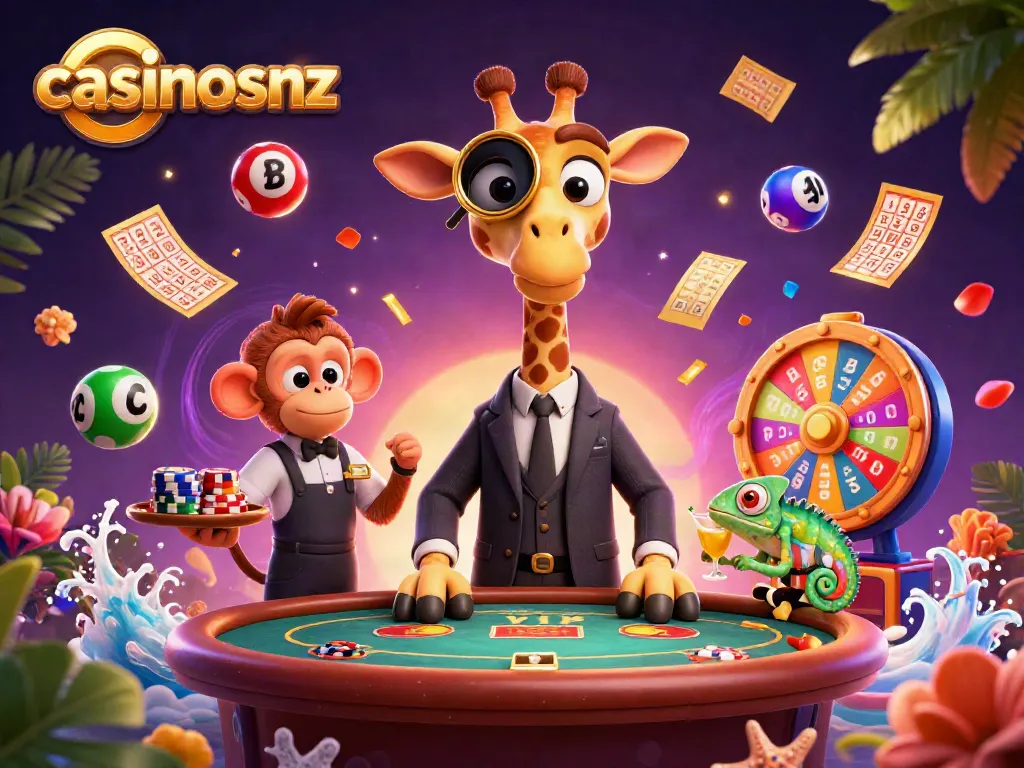 Exciting casinosnz scene featuring a giraffe at a poker table with vibrant lottery elements.