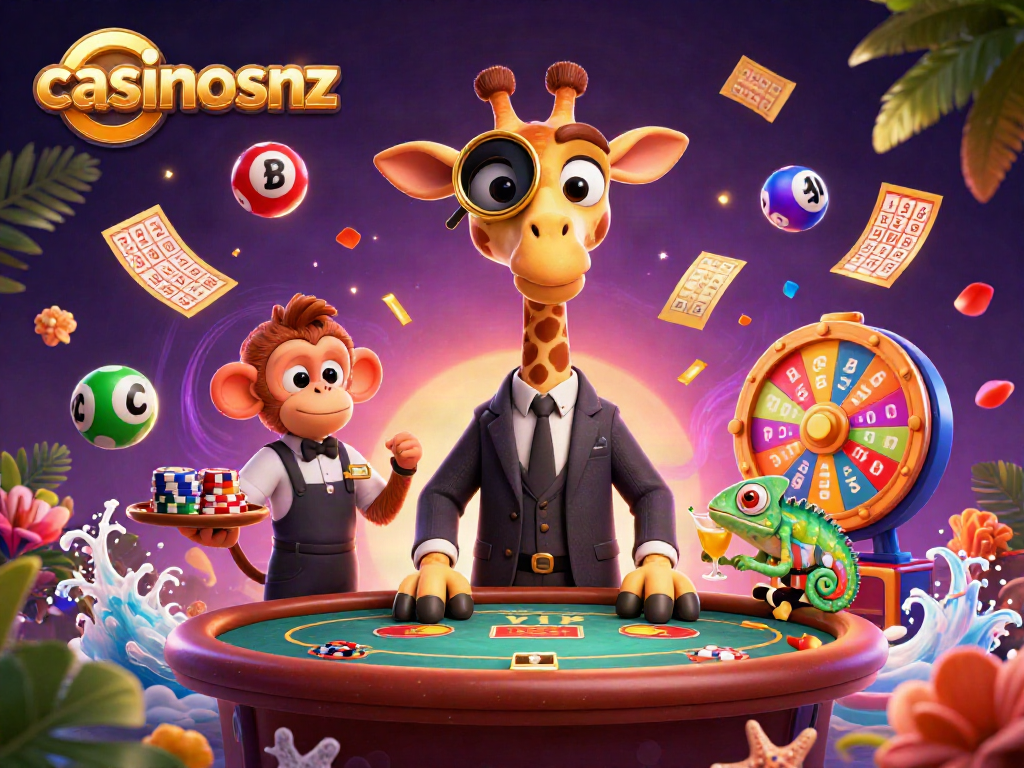 Exciting casinosnz scene featuring a giraffe at a poker table with vibrant lottery elements.