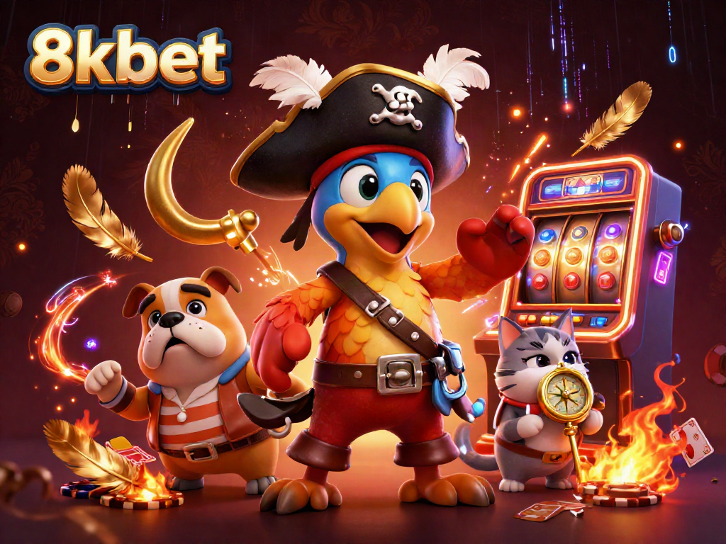 Experience gaming thrills at 8xbet with an exciting pirate-themed casino scene featuring card games and animated characters.
