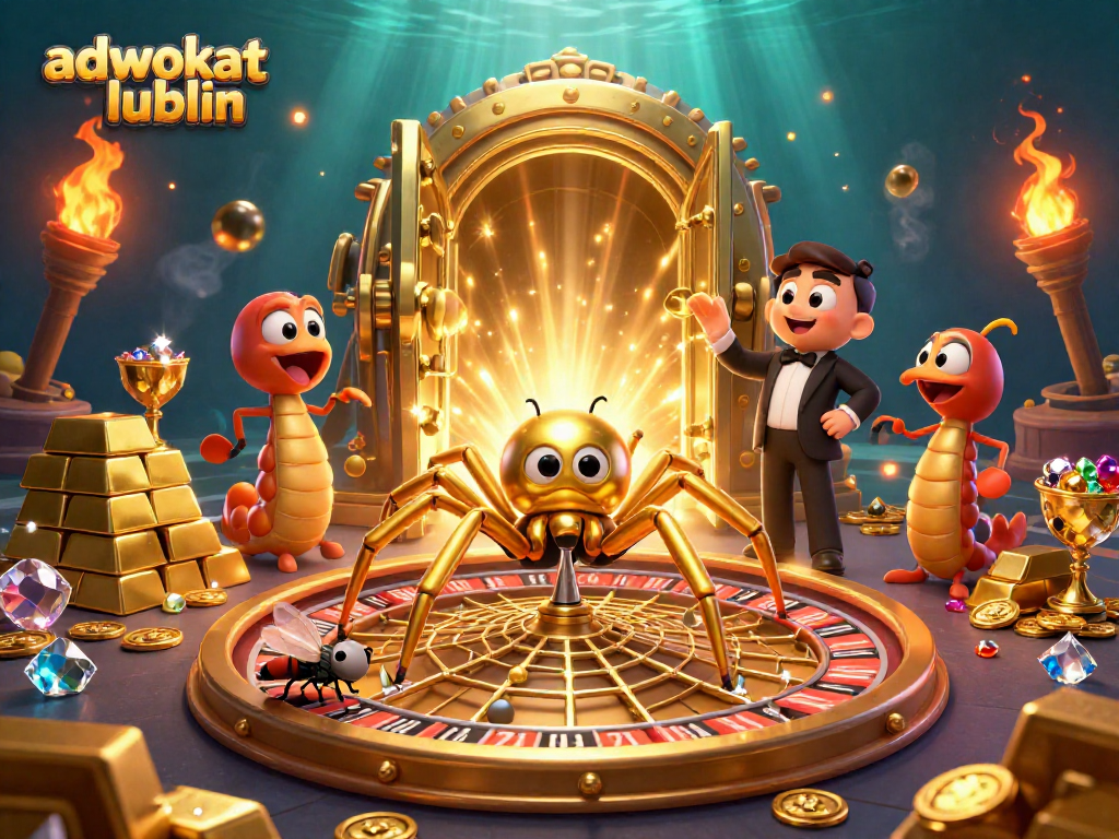 Engage with adwokat lublin in a vibrant casino scene featuring a golden spider and a centipede croupier.