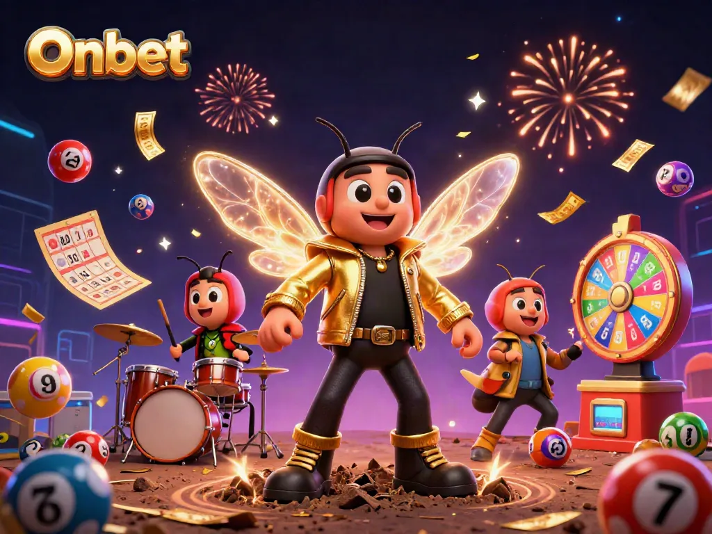 Experience the excitement of Onbet with colorful lottery balls, fireworks, and energetic rock star characters.