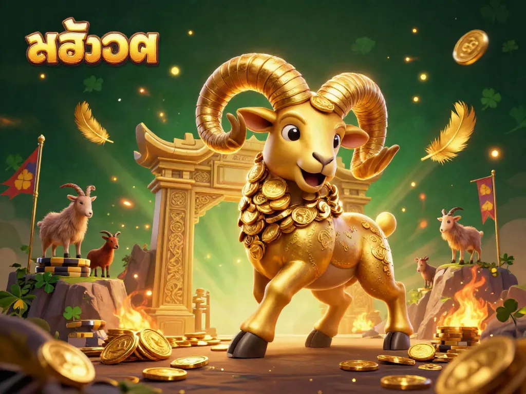Spin the reels at สล็อต with a dynamic illustration featuring a golden ram charging through a thrilling casino landscape.