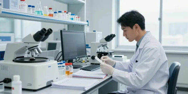 Researcher analyzing tesamorelin cost data in a professional lab environment.