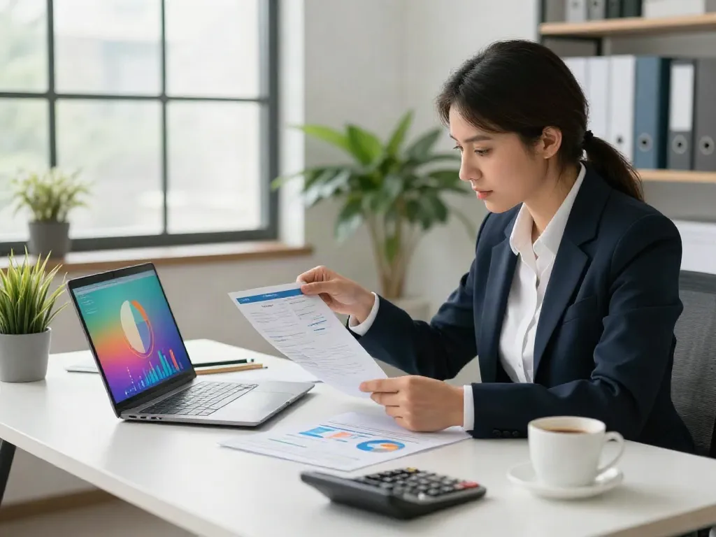 Focused accountant analyzing financial statements for bookkeeping services in modern office.