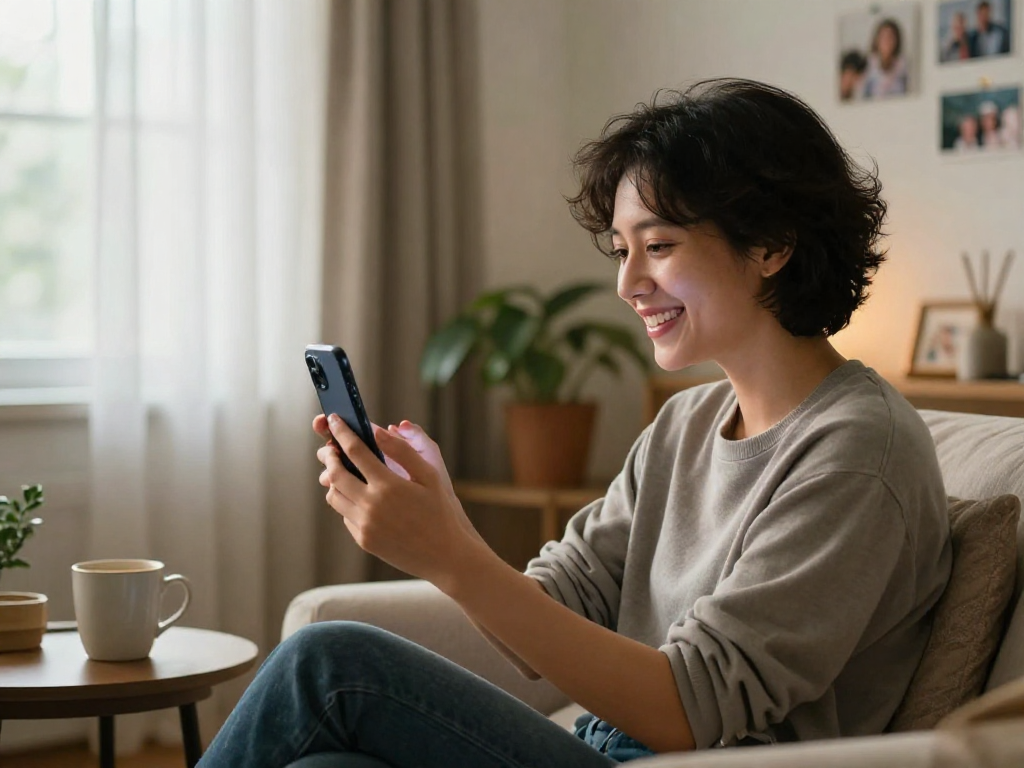 Engaging private video chat scene illustrating a person enjoying pink chat on a smartphone in a cozy room, conveying connection.