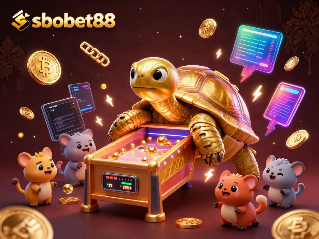 Experience thrilling bets with sbobet88, featuring a vibrant tortoise pinball machine and crypto elements.