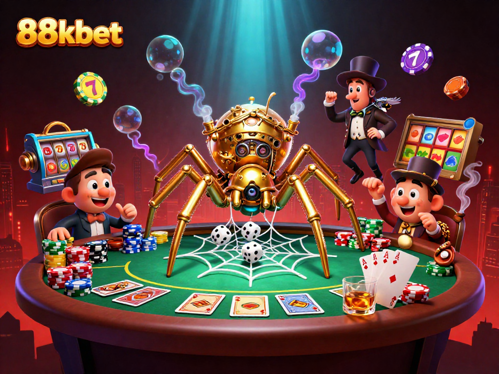 88kbet showcases a vibrant casino scene with a steampunk spider and golden elements capturing excitement through games.