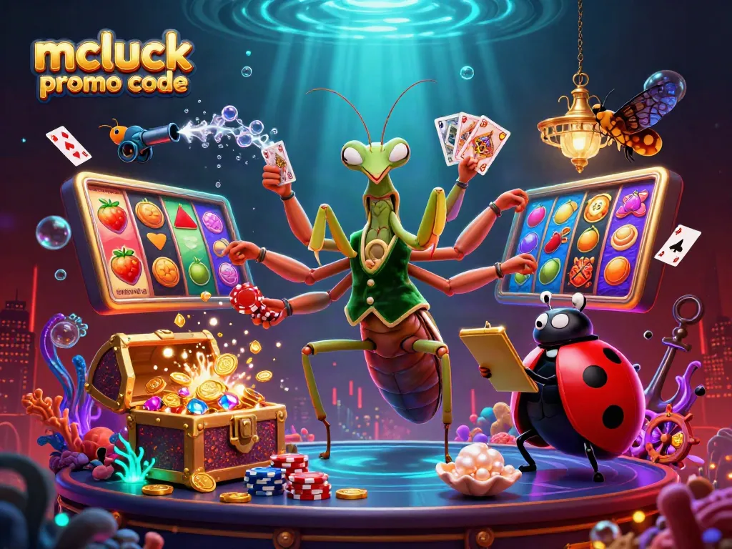 Mcluck promo code visuals showcasing dynamic casino elements, a praying mantis card sharp, and immersive gaming experiences.