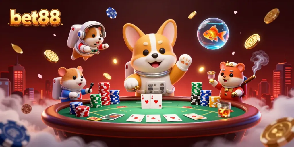 Experience exciting gameplay as bet88 showcases a 3D cartoon casino scene with floating poker elements.