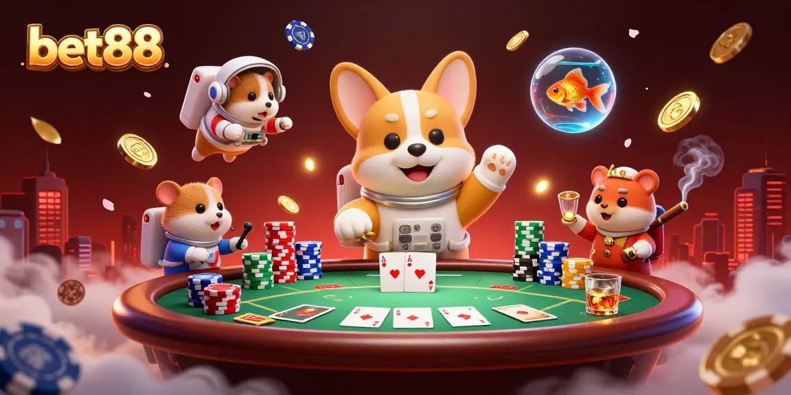 Experience exciting gameplay as bet88 showcases a 3D cartoon casino scene with floating poker elements.