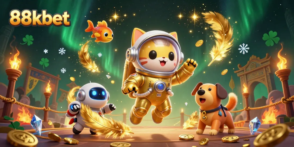 Join the 88kbet adventure with a golden astronaut cat and robot dog amidst cosmic gaming elements.
