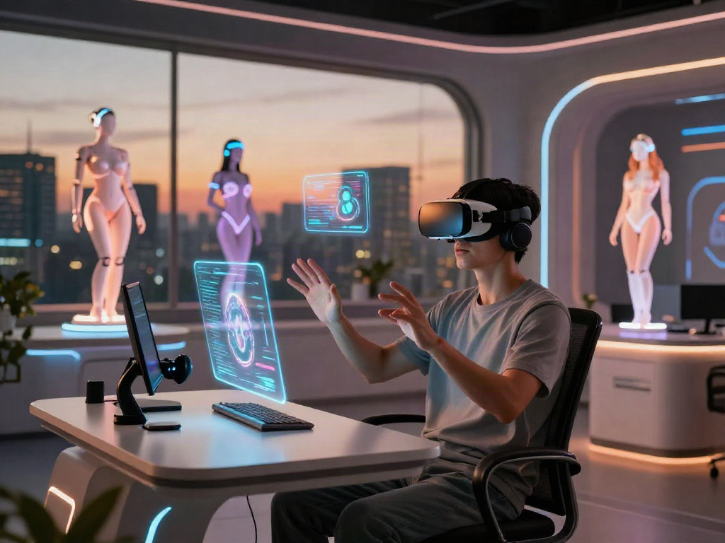 Engaging user with sex bot technology in a futuristic VR environment, showcasing immersive interaction.