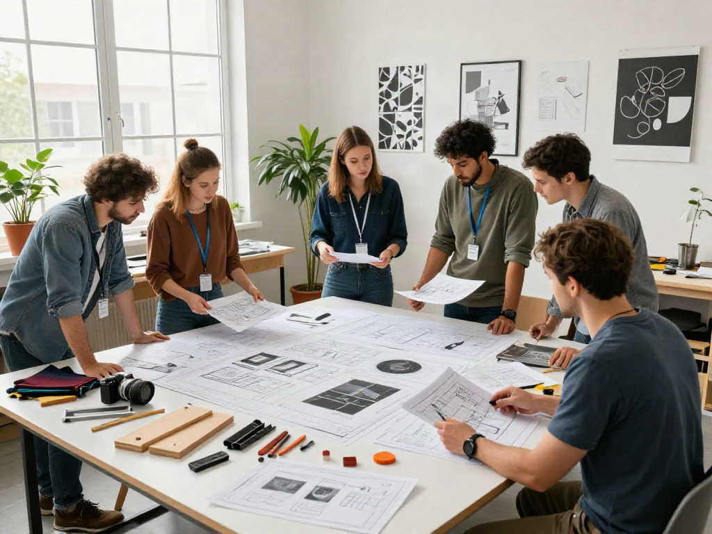 Exhibition Stand Builders designing a custom booth in a collaborative workshop setting.