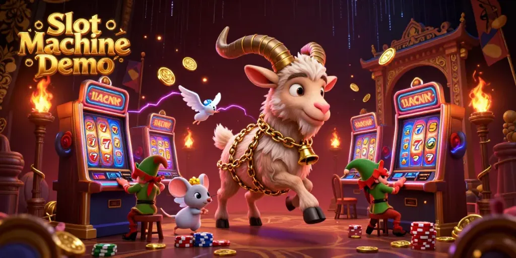 Engage with the Slot Machine Demo in a lively casino scene featuring a Krampus goat, angel mouse, and mischievous gremlins.
