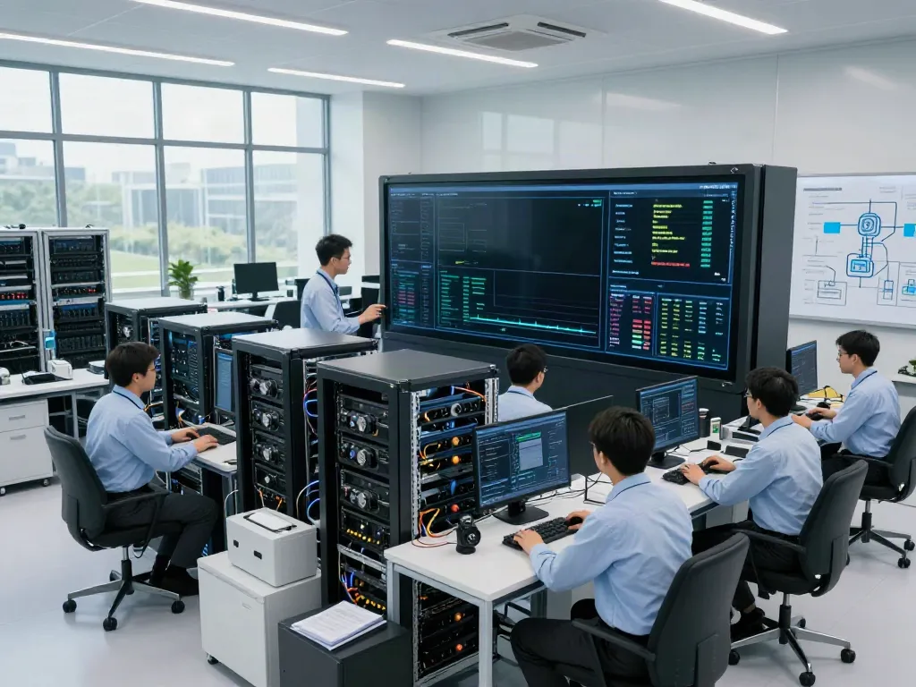 Engineers working in an AI data center with GPU server racks and energy metrics displayed.