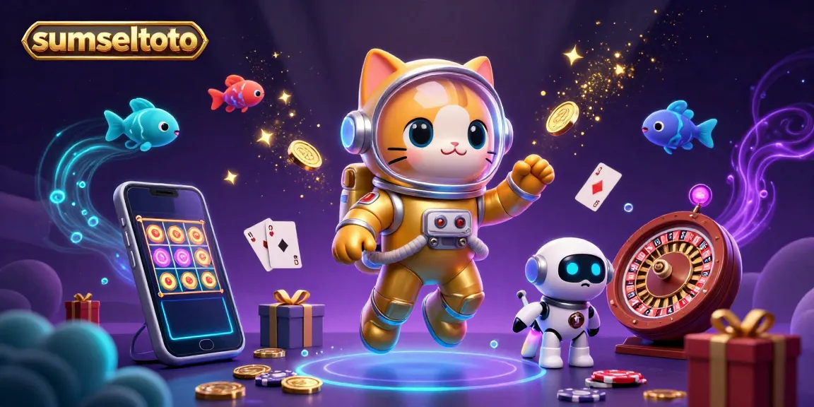 Experience thrilling gameplay with sumseltoto in this vibrant 3D casino illustration featuring an astronaut cat and a robot dog.