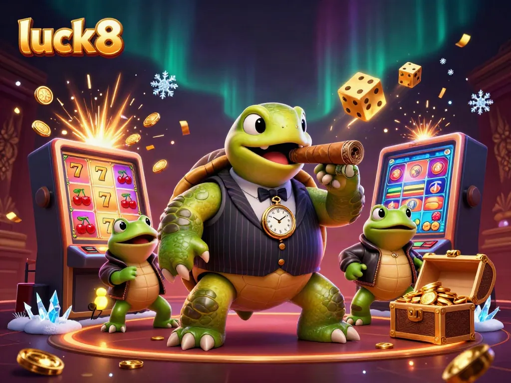 Join luck8's epic casino adventure with a whimsical turtle and frog enforcers in a vibrant 3D scene.