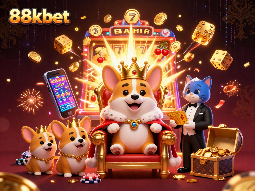Experience the excitement of 88kbet with royal corgi characters in a vibrant casino setting.